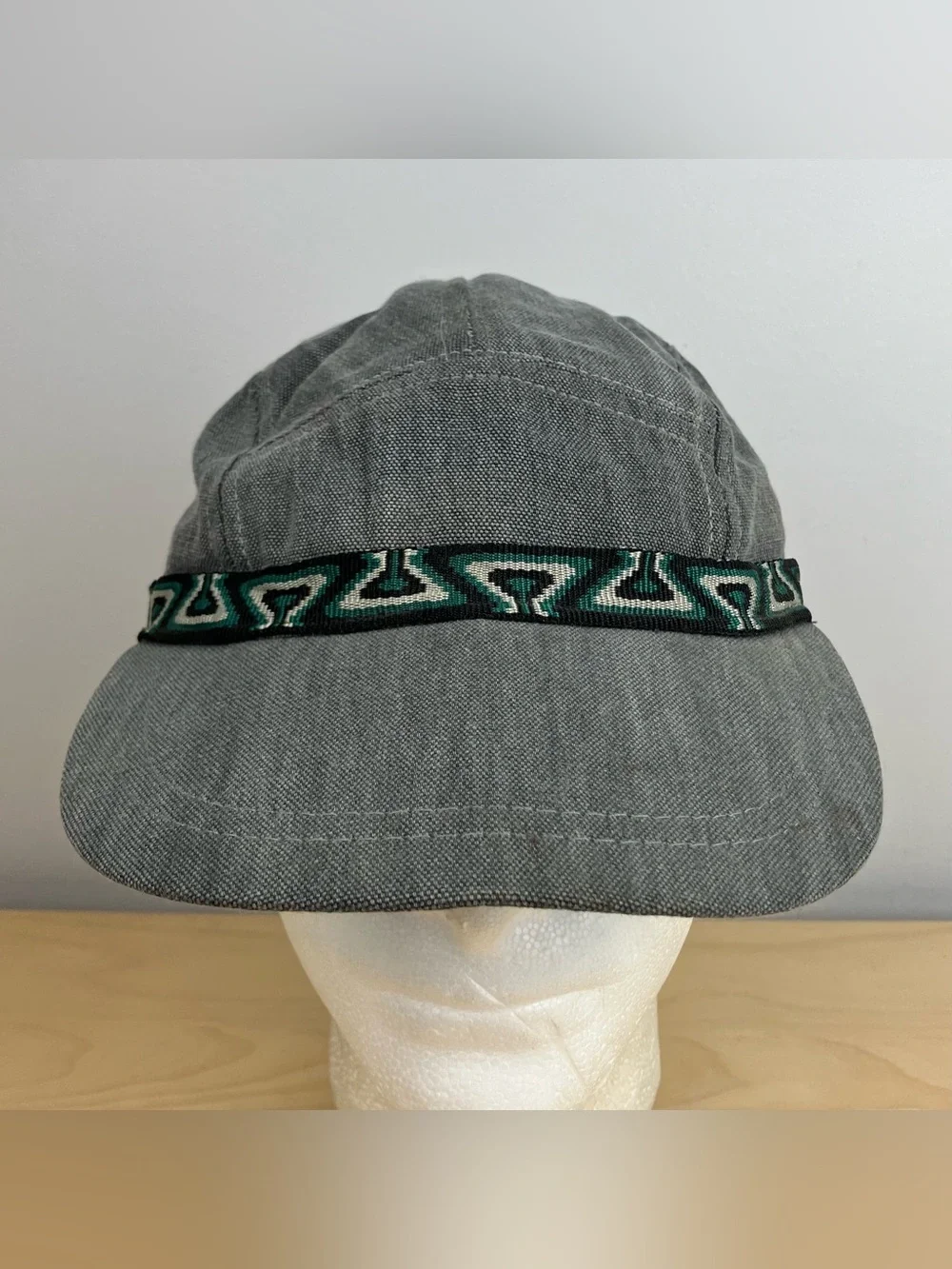 Vintage L.L. Bean 5 Panel Adventure Strapback Hat Script Logo Gray Aztec NOS.